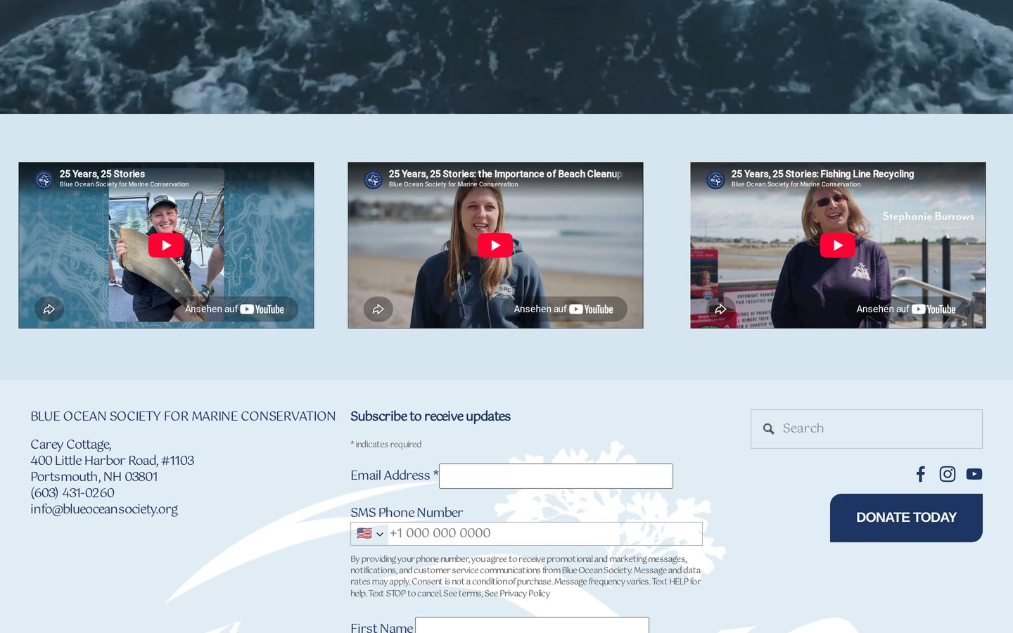 Screenshot der Website von Blue Ocean Society for Marine Conservation