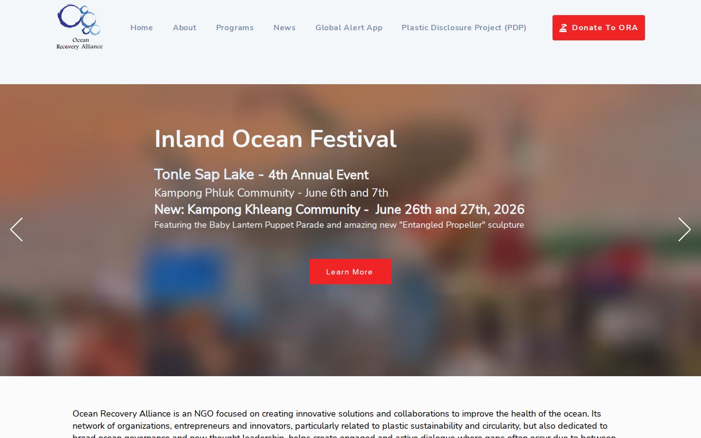 Screenshot der Startseite von Ocean Recovery Alliance