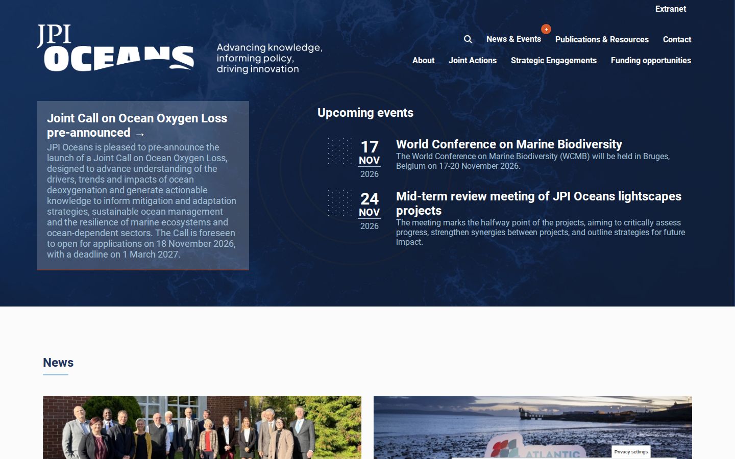 Screenshot der Startseite von JPI Oceans