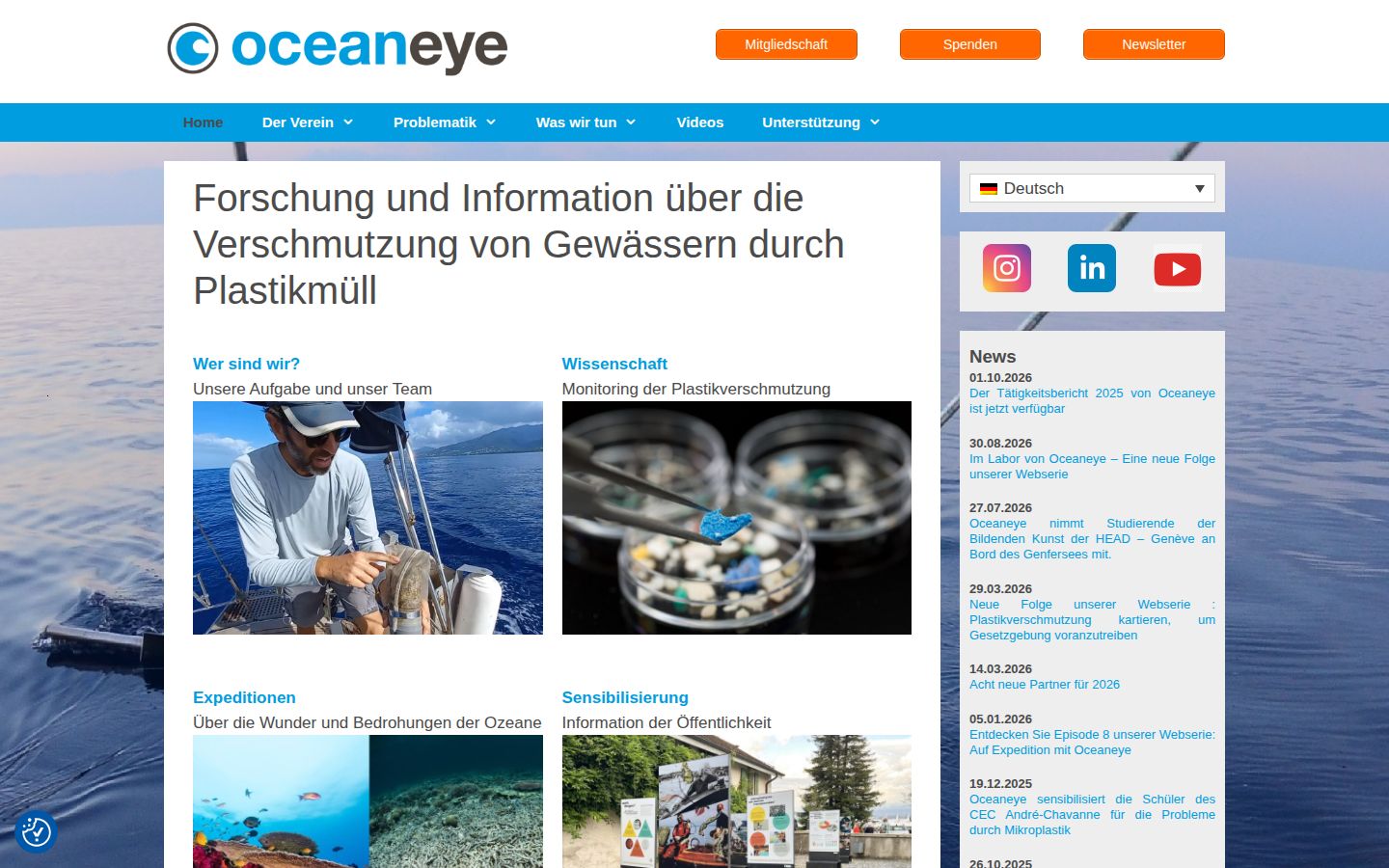 Screenshot der Startseite von OceanEye